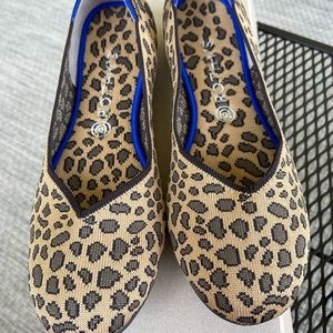Rothy's Leopard Print Flats in Tan and Black with Blue Trim